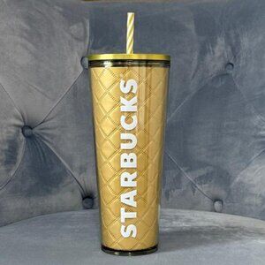Starbucks Metallic Gold Quilted Tumbler Venti Acrylic Cold Cup, 24 OZ NWT